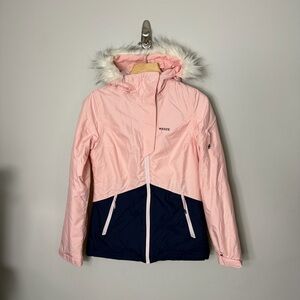 Wedze Women’s Ski Jacket Hooded Winter Coat Pink Blue Faux Fur Trim Hood XXS